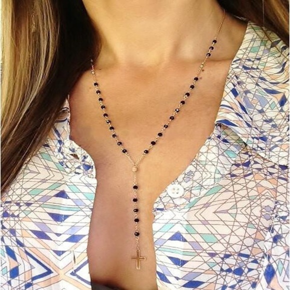 Jewelry - 5 for $25 Black Bead Cross Lariat Necklace